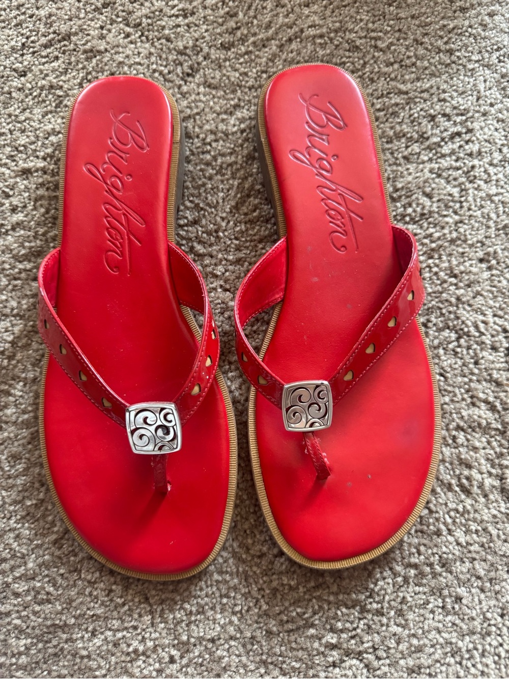 Brighton Red Leather Thong Sandals with Silver Medallions